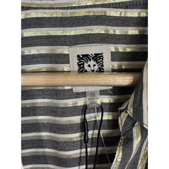 NWT Anne Klein Metallic Gold Gray Striped Button Down Shirt 2X Blouse 3/4 Sleeve - Picture 6 of 11